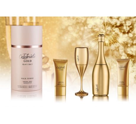 Celebrate Gold Gift Set Sprchový gél 50ml + EDP  100ml + EDP 30ml + Telové mlieko 50ml + Sprchový chumáč 1ks darčeková sada